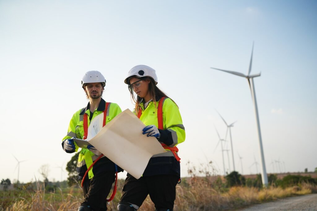 Sustainable energy industry - Engineers working at alternative renewable wind energy farm